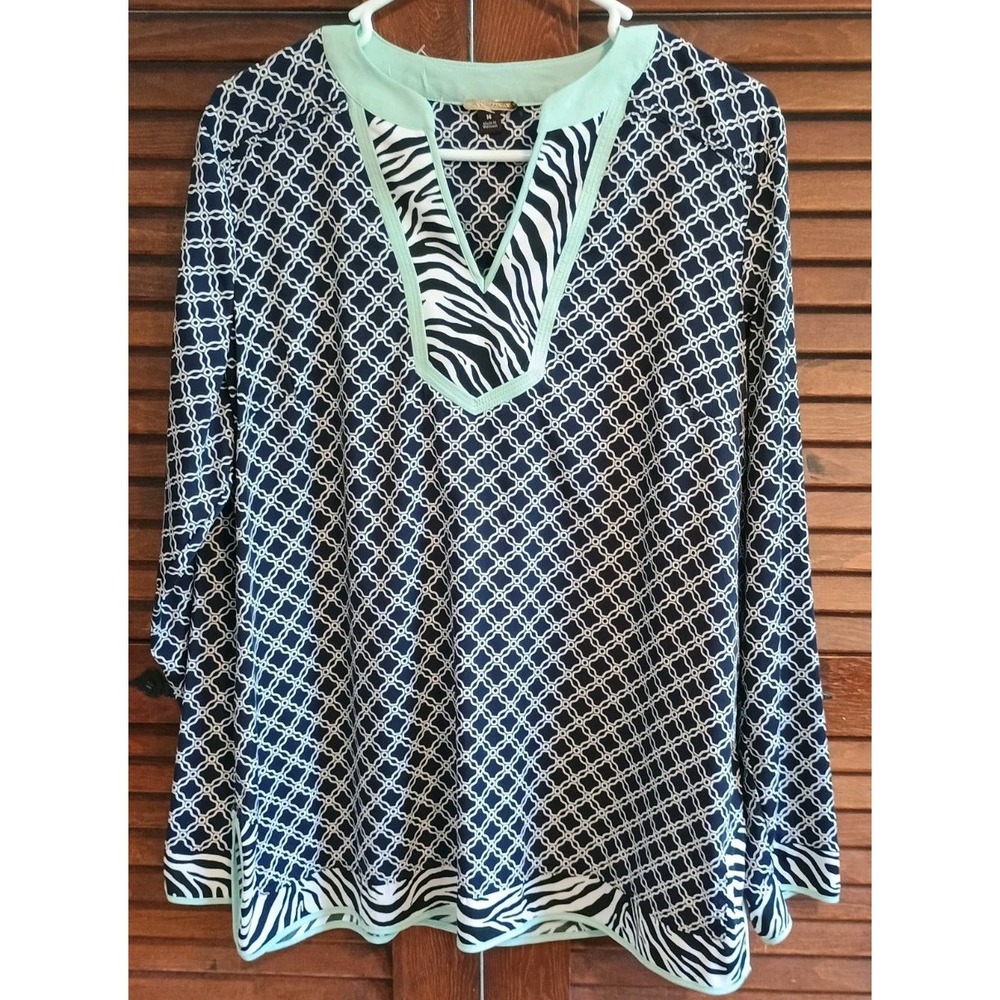 Dana Buchman Navy Zebra Mixed Print Tunic Top Blouse Resort Flowy Boho Large